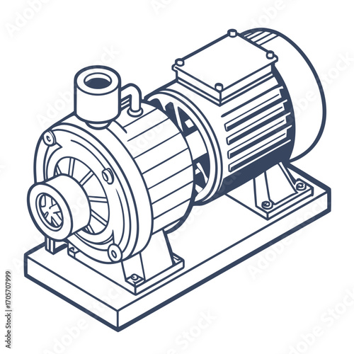 Isometric line art illustration of an electric centrifugal water pump with a motor showcasing its mechanical components and industrial design