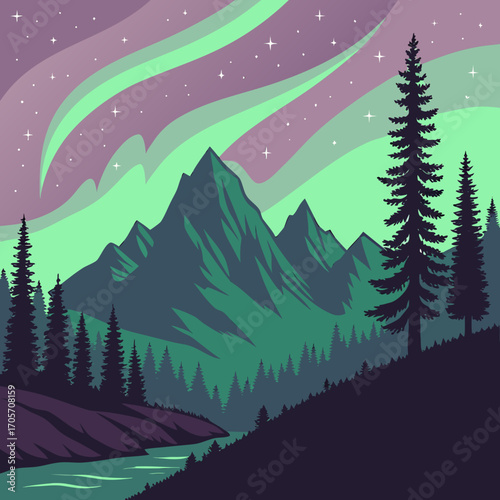 Majestic mountain peaks under a vibrant aurora borealis sky with silhouetted pine trees and a winding river