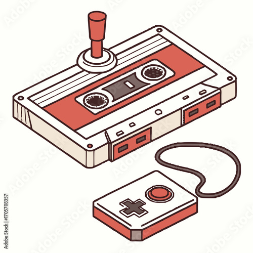 Retro gaming joystick on cassette tape with classic gamepad and cord in isometric perspective illustration