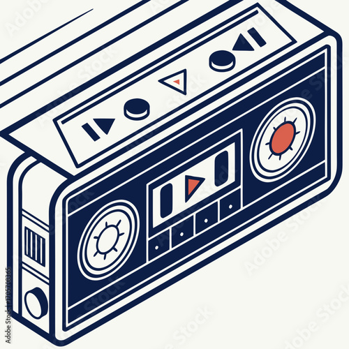 Retro isometric illustration of a classic portable cassette player with play rewind and fast forward buttons and audio tape reels