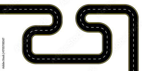 Aerial top view of a winding asphalt highway with dashed center markings and empty lanes vector illustration suitable for map graphics route planning transport journey and highway icon