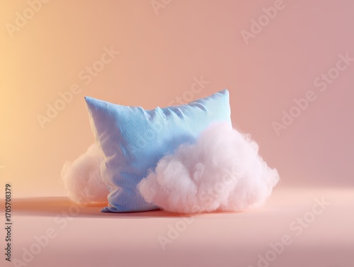 Soft blue striped pillow surrounded by fluffy clouds on a warm pastel pink background.