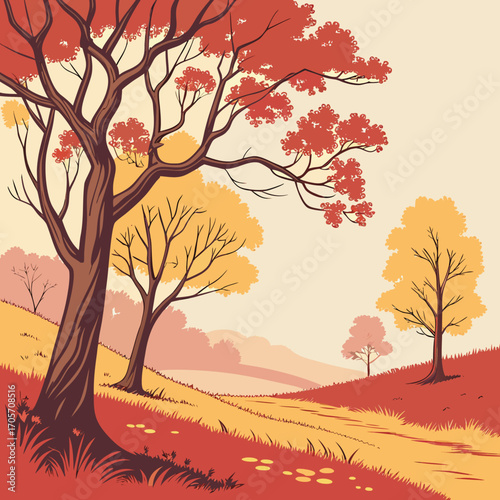Stylized autumn landscape with rolling hills trees displaying red and yellow foliage and a winding path through vibrant grass