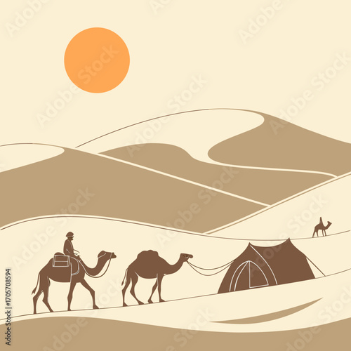 Stylized desert landscape with camels and a tent under a warm sun conveying a sense of adventure and travel