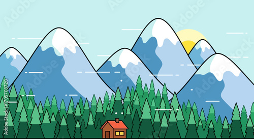 Mountain landscape with cabin and forest, nature scene, outdoor adventure, scenic view.