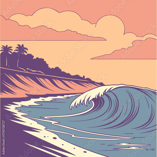 Stylized illustration of a large ocean wave crashing on a sandy beach with palm trees and clouds in the background