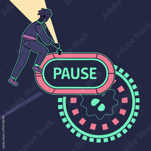 Stylized illustration of a person activating a large pause button with a key symbolizing control and interruption