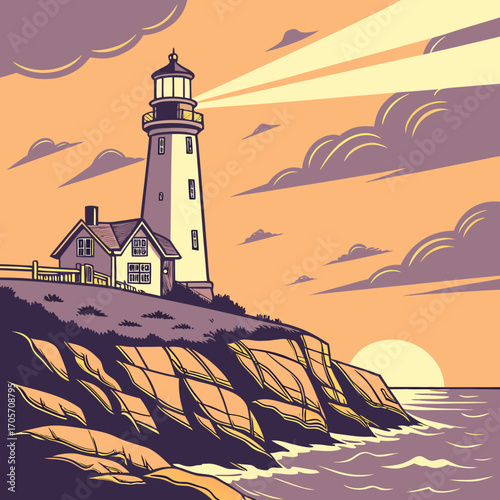 Stylized illustration of a white lighthouse and keeper s house on a rocky cliff overlooking the ocean at sunset
