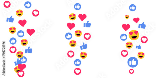 Love like emoji vector hearts stream doodle pattern with social media reaction icons colorful internet background celebration feedback post layout falling bubble comment confetti sticker set