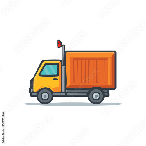 Yellow truck with orange cargo box and red flag illustration