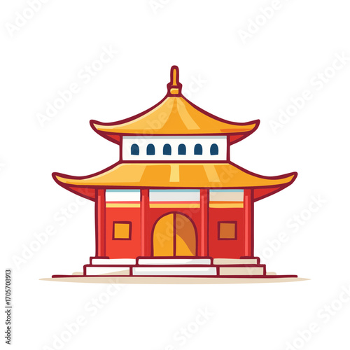 Traditional Asian Pagoda Temple Illustration with Golden Roof and Red Walls