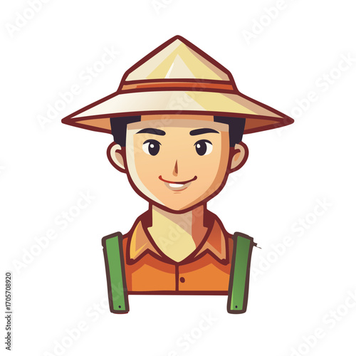 Smiling Asian Man Cartoon Character Wearing Traditional Conical Straw Hat Illustration