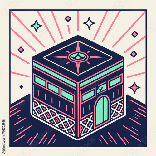 Stylized isometric illustration of the kaaba in mecca with radiating lines and stars in a modern geometric design