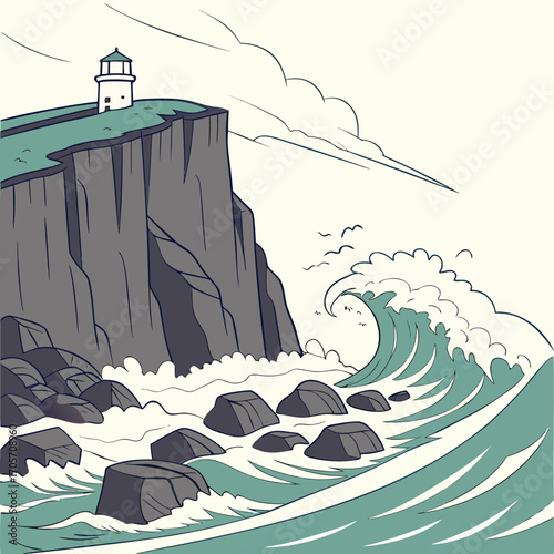 Stylized illustration of a white lighthouse standing tall on a dramatic cliff overlooking a turbulent ocean with crashing waves and scattered rocks