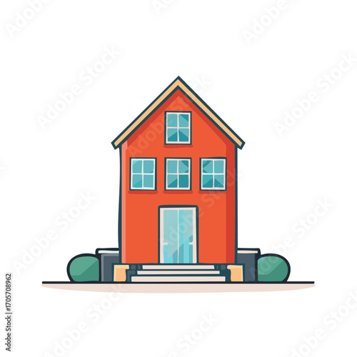 Stylized Modern Red House with Double Doors and Windows and Green Bushes