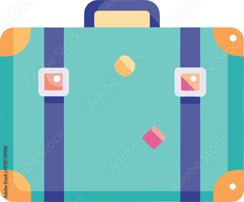 Rolling suitcase with extended handle, bright colors, vacation gear illustration.
