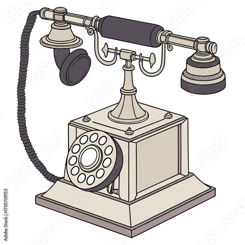 Vintage candlestick telephone with rotary dial and coiled cord isolated on white background retro communication device illustration