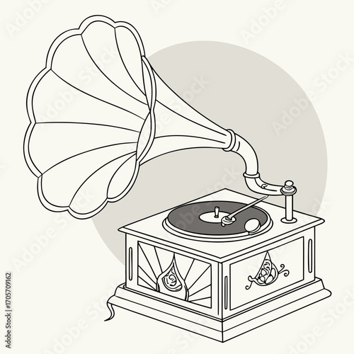 Vintage gramophone with large horn and decorative cabinet playing a vinyl record