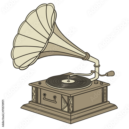 Vintage gramophone with a large horn playing a vinyl record representing classic music and nostalgia