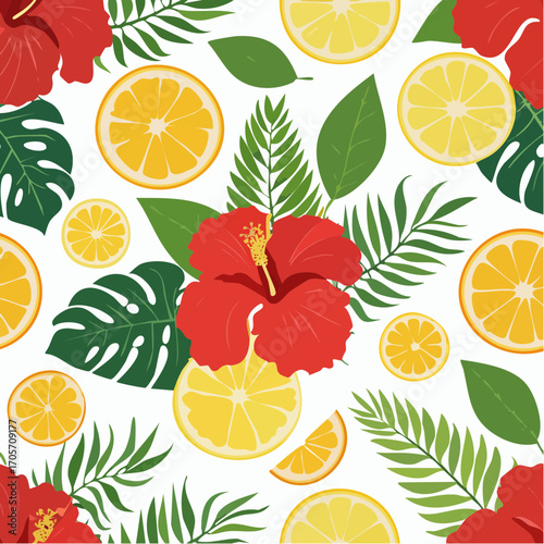 Tropical Pattern With Hibiscus Flowers Lemon Slices and Palm Leaves on White Background