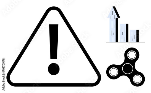 Triangle warning sign with an exclamation mark, a rising bar graph, and a spinner toy. Ideal for caution, analysis, growth, focus, efficiency, productivity simple landing page