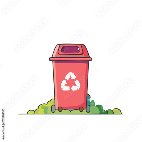 Cartoon illustration of a red recycling bin with greenery.
