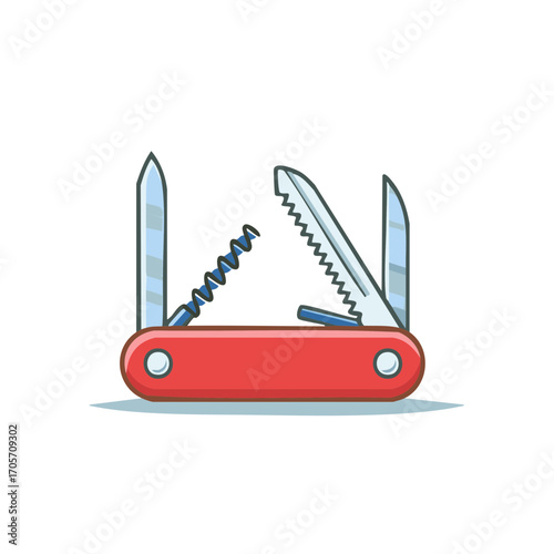 Red multi tool with several blades corkscrew and awl extended for outdoor utility tasks illustration