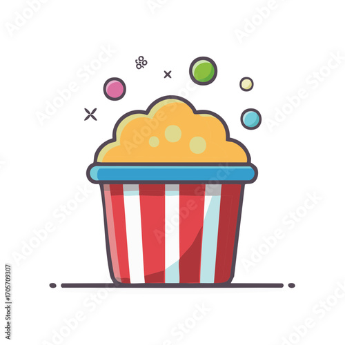 Delightful cartoon popcorn in a red striped bucket with floating colorful bubbles vector illustration