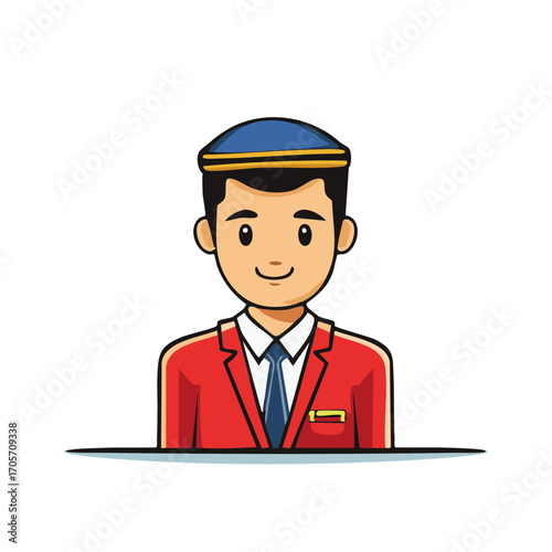 Friendly cartoon bellhop or concierge in red uniform and blue hat character illustration