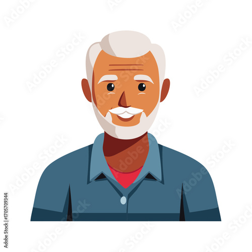 Senior man cartoon portrait in blue shirt showing a positive expression and white beard, flat style