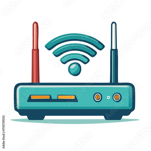 Turquoise wireless router with antennas and signal waves illustration