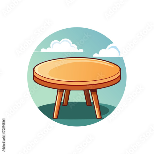 Round wooden table with four legs against a cloudy sky background illustration