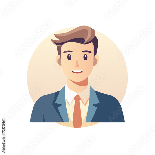 Friendly confident male avatar in suit and tie expressing positive business success and corporate professionalism
