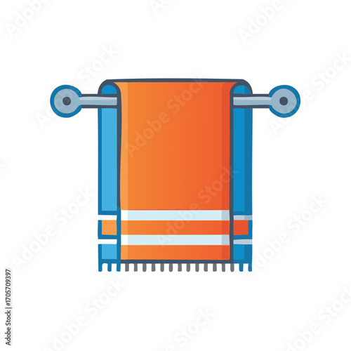 Colorful orange and blue striped towel neatly hanging on a sleek silver towel rack in a clean modern illustration