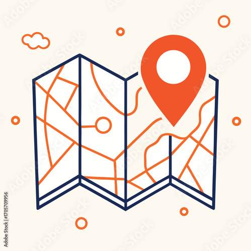 A vector map with a pointer pin icon showing a travel location for navigation