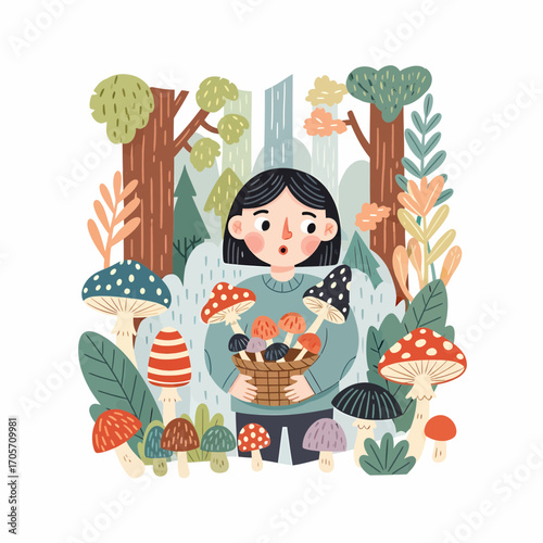 Cute girl discovers a bountiful harvest of colorful mushrooms in a whimsical, enchanted autumn forest