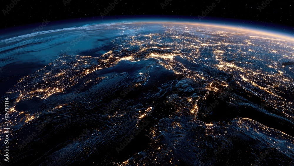 Fototapeta premium A nighttime satellite view of Europe, showcasing city lights illuminating coastlines and mountainous terrain against the backdrop of space's darkness