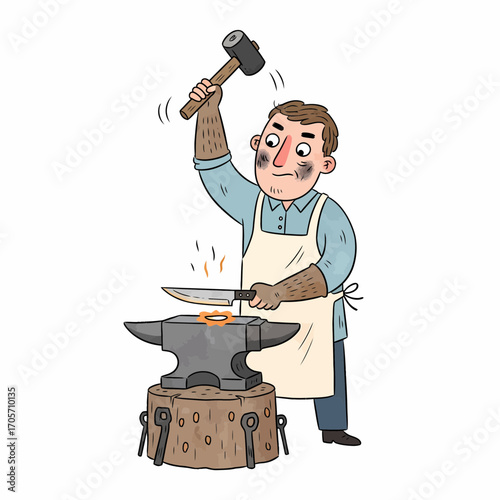 Skilled artisan forging glowing metal with a hammer and anvil, creating a unique knife and a custom ring in a traditional workshop setting
