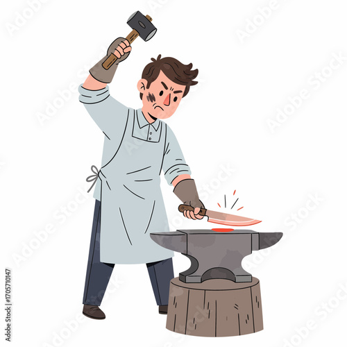 Crafting Steel Cartoon Blacksmith Shaping Metal on Anvil with Hammer and Safety Gloves
