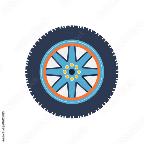 Stylized Car Tire Illustration: Blue Rim and Dark Tread Design for Automotive Use