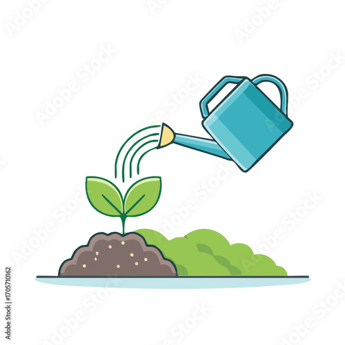 Watering new plant with leaves growing from soil, watering can, gardening and concept