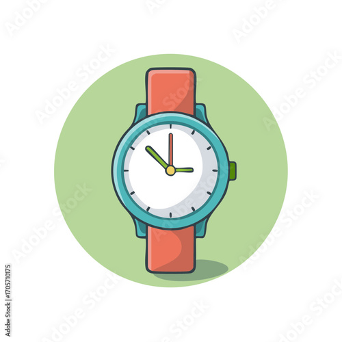 Stylized Wristwatch Illustration with Light Green Backdrop Timepiece with Coral Strap Time Symbol
