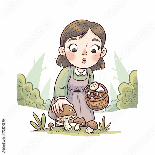 Cute cartoon girl picking mushrooms in a forest with a basket full of fungi, illustration