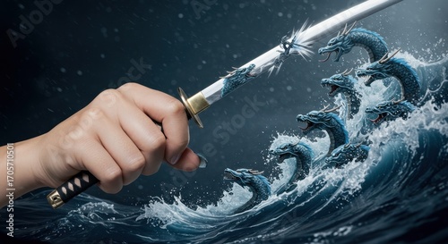 A Hand Holds a Sword, Confronting Sea Serpents in a Dramatic Waterscape