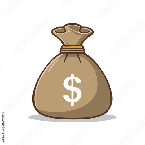 Cartoon money bag with dollar sign and drawstring closure on white background