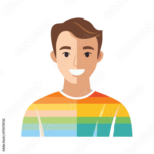 Smiling Person Wearing Rainbow Striped Shirt, Vector Illustration, Pride Month Theme, Diversity and LGBTQIA+ Community Representation