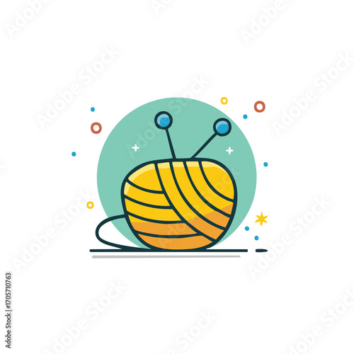 Cartoon illustration of a yellow yarn ball with needles in a circular background