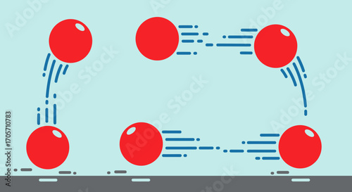 Red spheres in motion showing trajectory and movement.