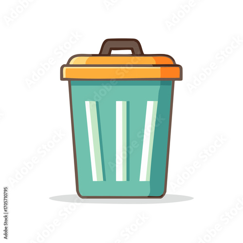Cartoon trash can with orange lid and teal body standing on a simple shadow