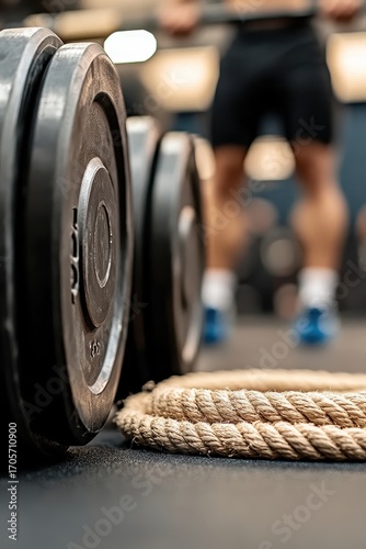 Close-Up of Weight Plates and Rope in a Gym Training Environment
